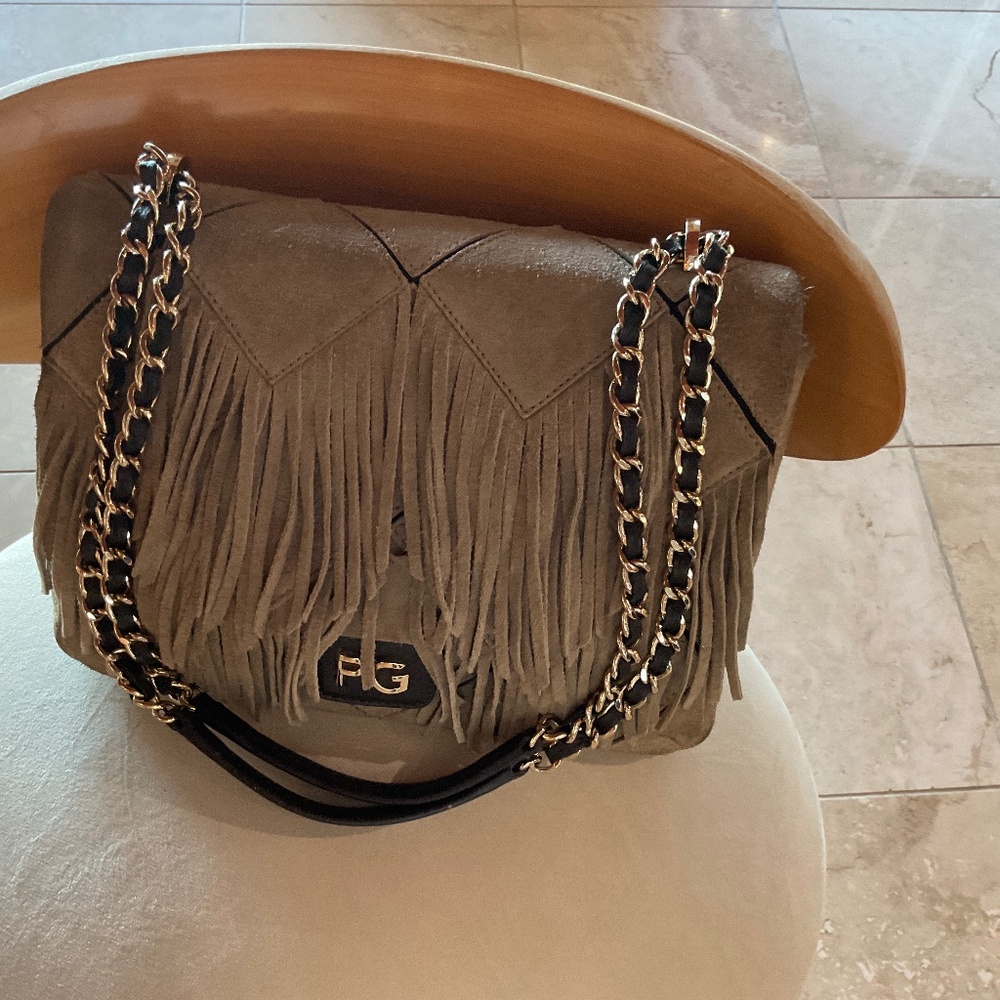Purification Garcia Suede Chain Shoulder Bag- Tan with fringes